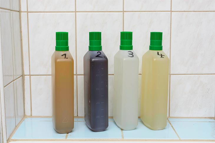 vier Chemieflaschen zur Umkehrentwicklung