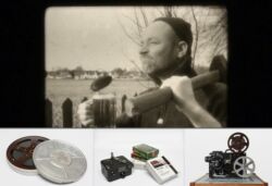 Symbolfoto Mann mit Hammer, 16mm-Filmrolle, Schmalfilmkamera, Filmprojektor