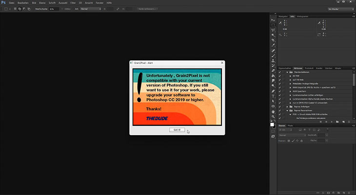 Screenshot Fehlermeldung bei Verwendung einer alten CS6-Photoshop-Version
