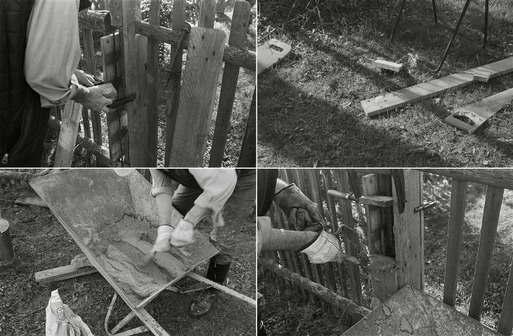 vier Reportage-Fotografien vom Zementieren eines Zaunpfahls